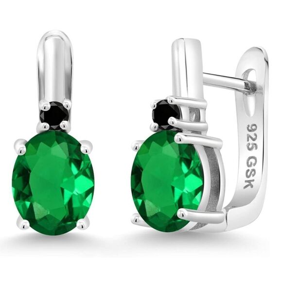 925 Sterling Silver with 4.73 Cttw Emerald and Black Diamond Oval Drop Earrings